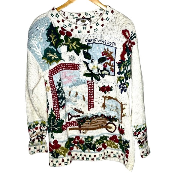 Tiara Christmas Rose Winter Cabin scene ugly tacky holiday sweater medium‎ 1990s - Picture 1 of 12